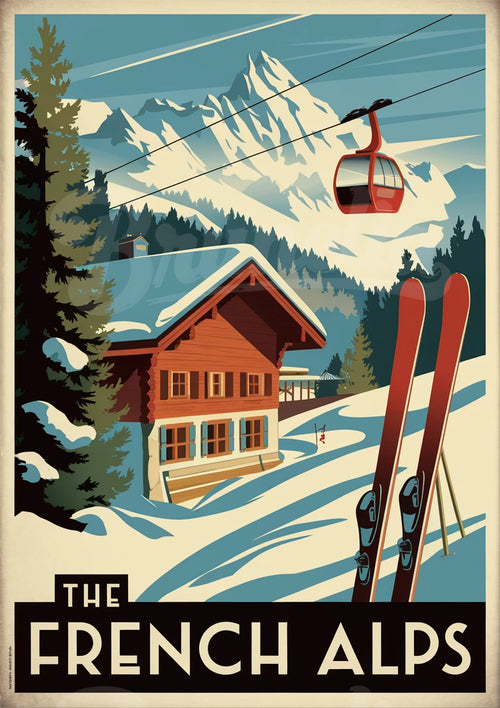 Affiche illustrée – Chalet alpin et montagnes enneigées