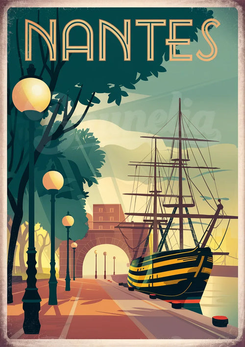 Illustration urbaine rétro – Promenade et bateau à Nantes