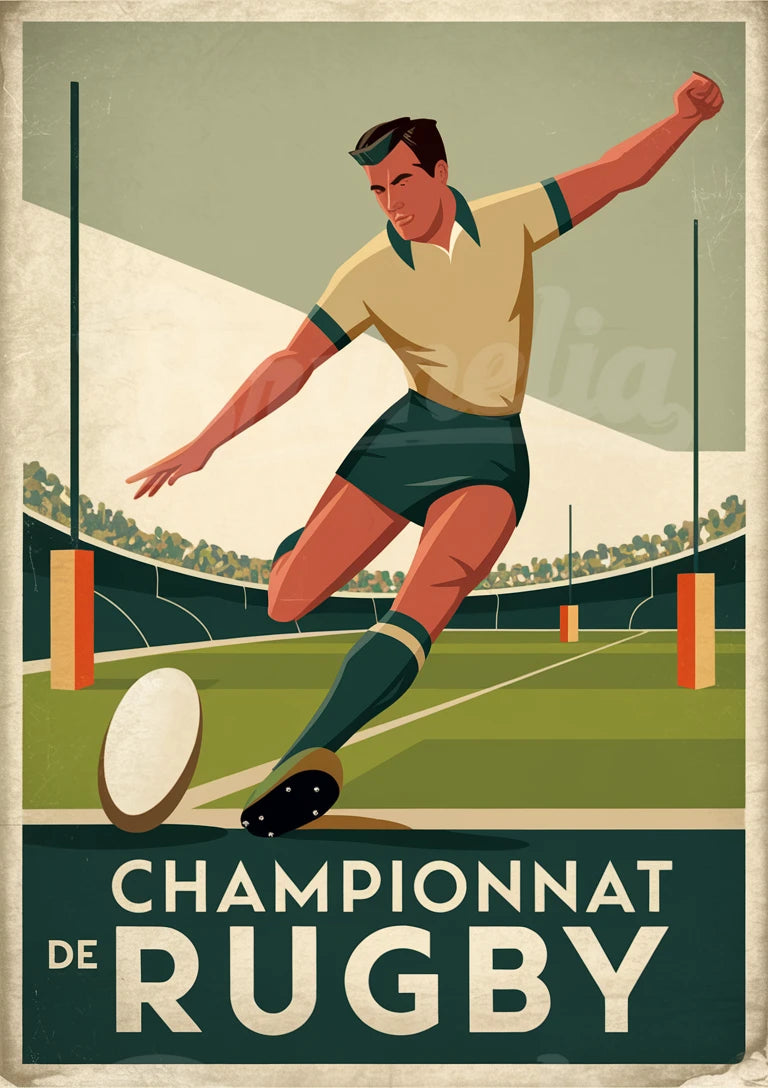 Affiche championnat rugby joueur sautant années 1930