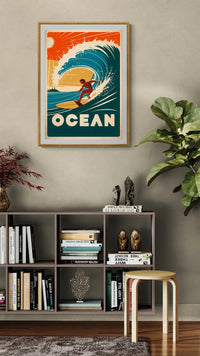 Affiche rétro surfeur vague océan coucher soleil
