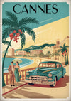 Affiche Cannes années 1950 voiture et plage méditerranéenne