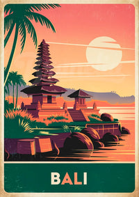 Affiche Bali temple balinais coucher de soleil Art déco