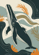 Affiche Baleine à bosse plongeante océan art déco