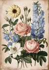 Affiche bouquet roses anciennes delphiniums lys patine