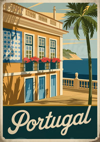Affiche Maison coloniale jaune balcon fleurs Portugal