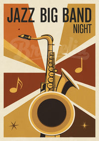 Affiche Big Band Night saxophone doré Art déco Jazz