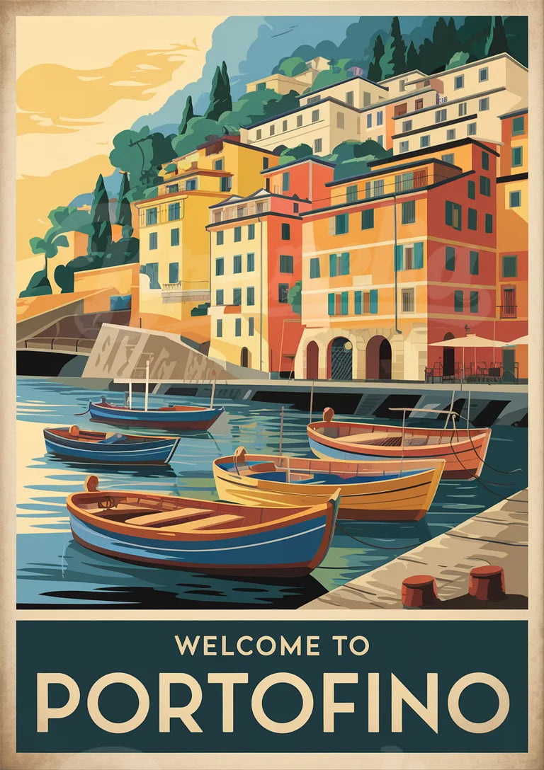 Affiche Portofino petit port italien bateaux colorés