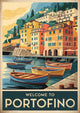 Affiche Portofinso petit port italien bateaux colorés