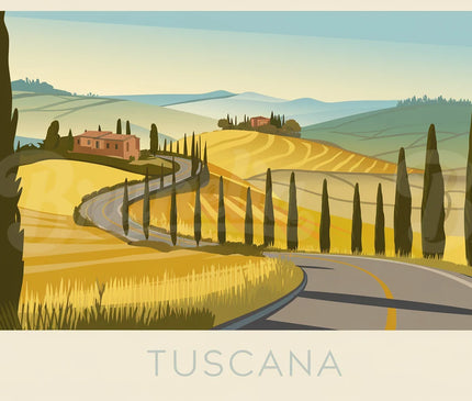 Affiche vintage route sinueuse et paysage toscan