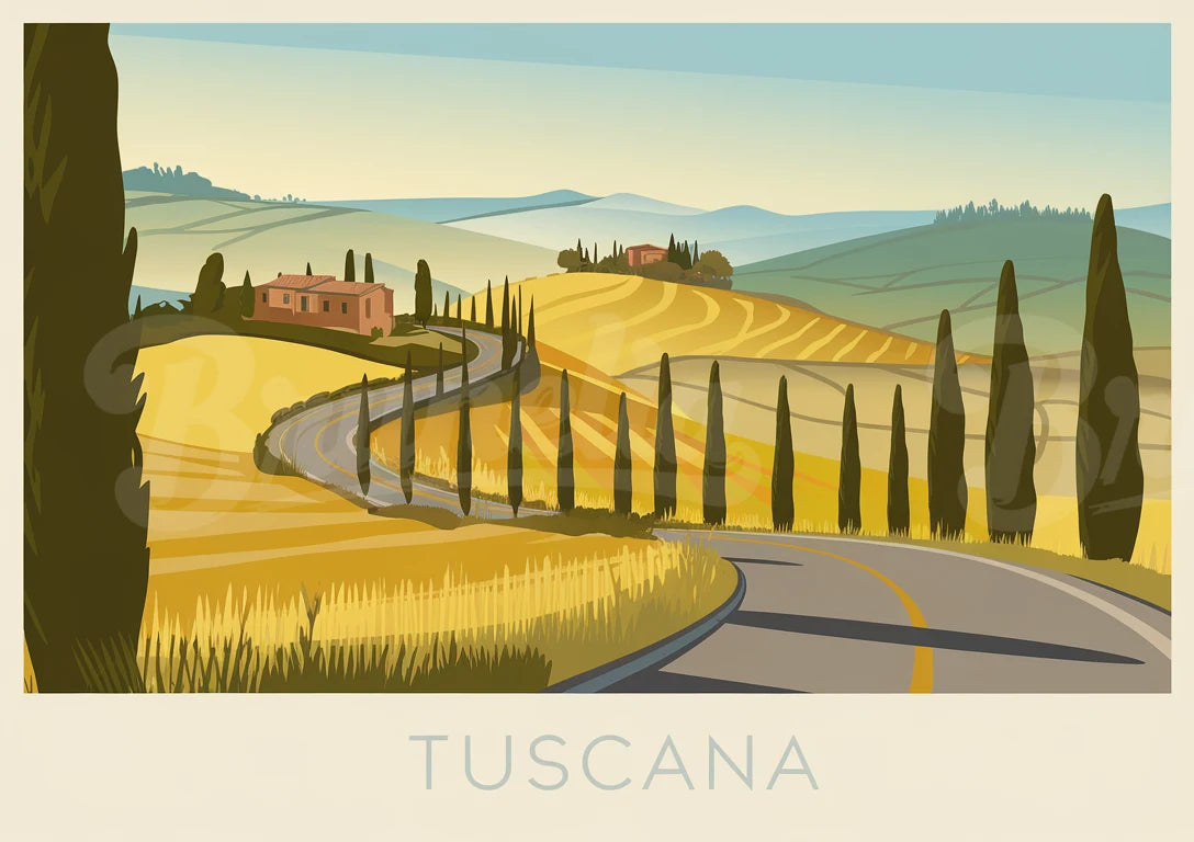 Affiche vintage route sinueuse et paysage toscan