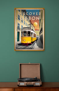 Affiche Tramway jaune vintage art déco Lisbonne