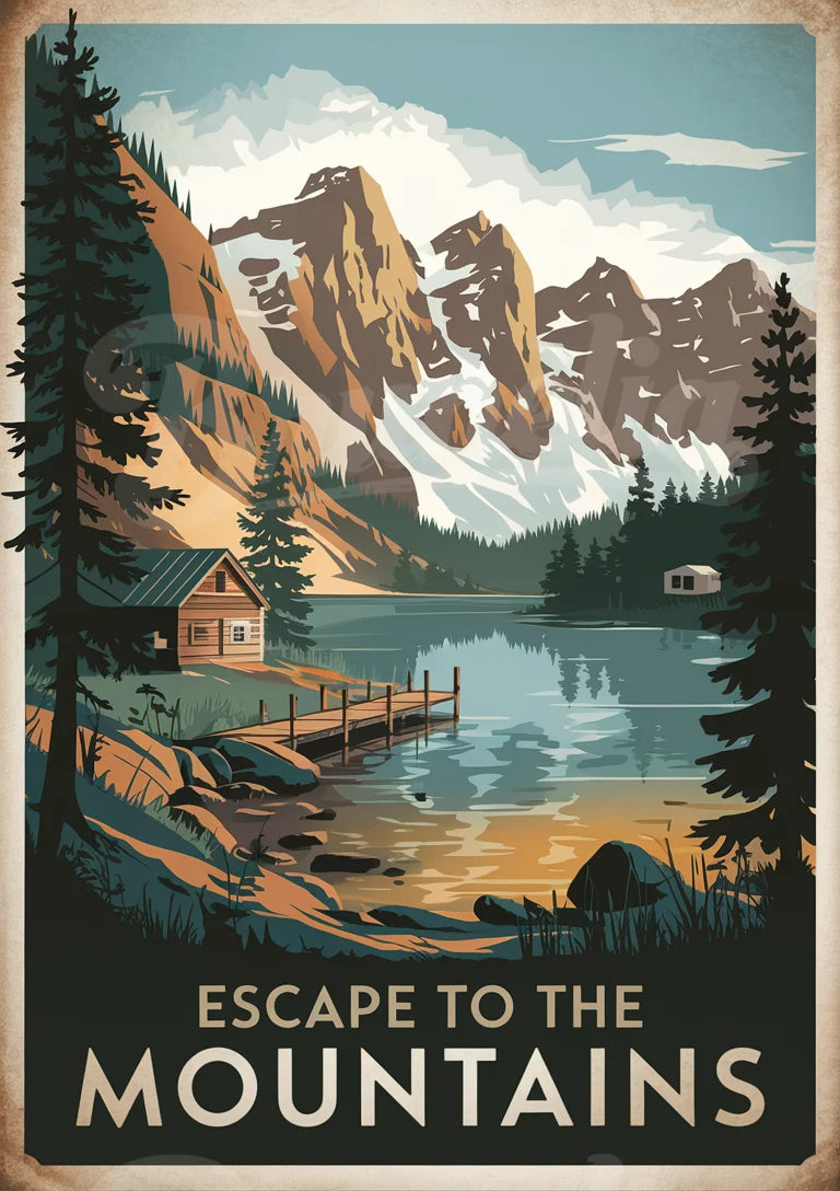 Affiche Refuge Lacustre et Sommets Alpins Style Rétro