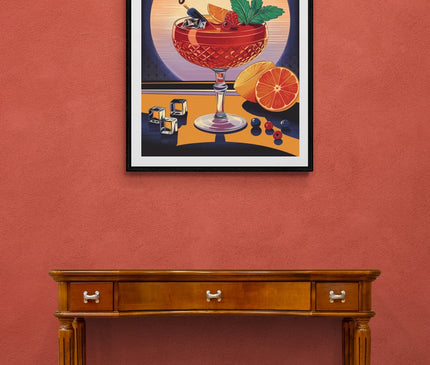 Affiche vintage cocktail servi en verre en cristal
