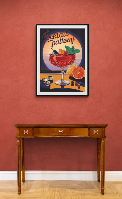 Affiche vintage cocktail servi en verre en cristal