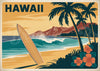 Affiche Hawaii planche de surf hibiscus palmiers vague