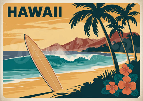 Affiche Hawaii planche de surf hibiscus palmiers vague