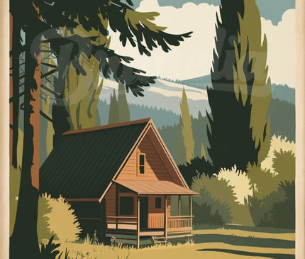 Affiche vintage cabane en forêt 1