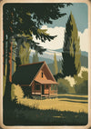 Affiche cabane forestière montagne paysage rétro
