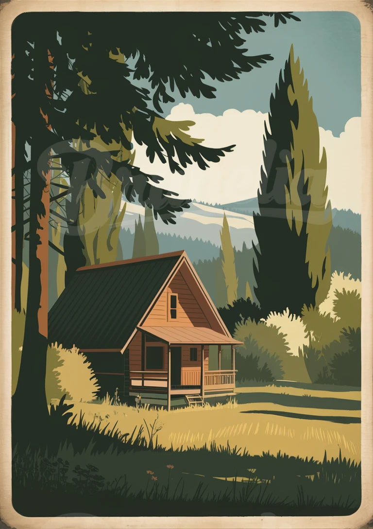 Affiche cabane forestière montagne paysage rétro