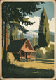 Affiche cabane forestière montagne paysage rétro