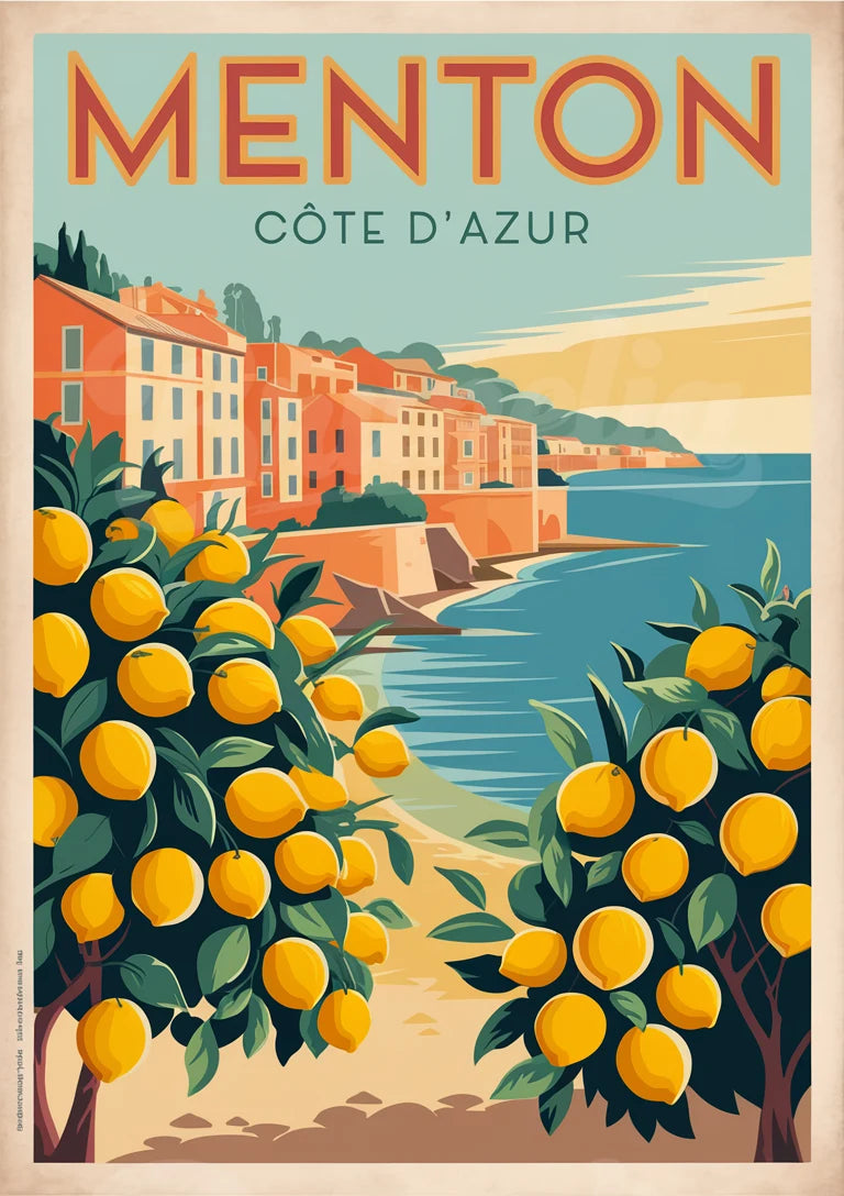 Affiche Menton et agrumes de la Côte d'Azur rétro