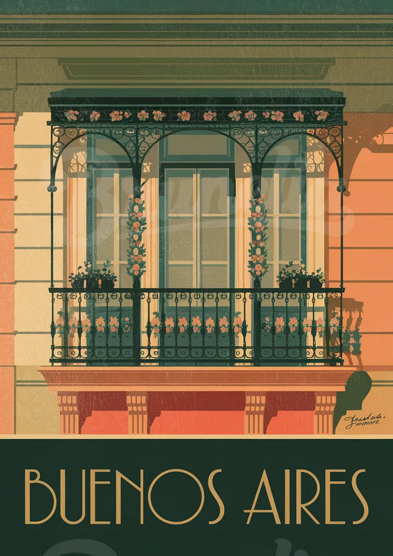 Affiche balcons fer forgé rétro Buenos Aires