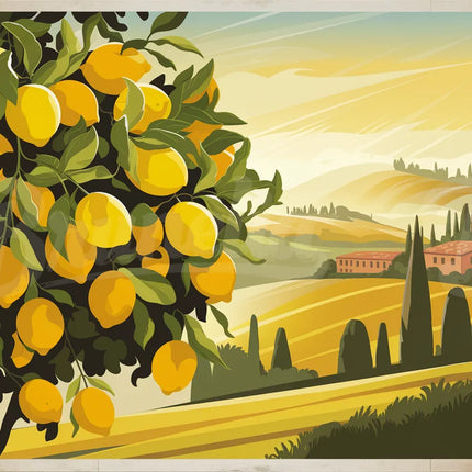 Affiche vintage citronnier et soleil italien