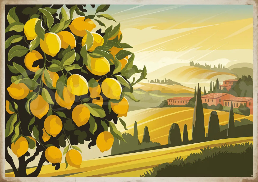 Affiche vintage citronnier et soleil italien