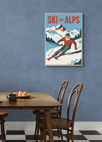 Affiche sportive d'hiver skieurs montagne enneigée