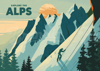 Affiche Alpiniste et Paysage Enneigé – Style Rétro Aventure