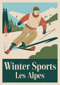 Affiche vintage Les Alpes skieur costume rouge années 1930