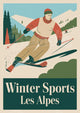 Affiche vintage Les Alpes skieur costume rouge années 1930