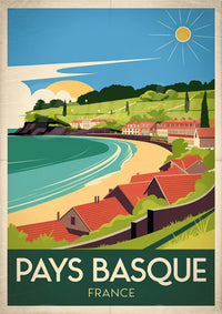 Affiche Côtier et village traditionnel style Art Déco Pays basque