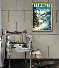 Affiche vintage station de ski alpine avec chalets et paysage hivernal