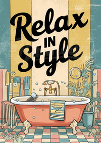 Affiche rétro détente salle de bain baignoire rose années 50
