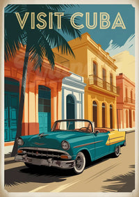 Affiche Cuba décapotable turquoise et architecture coloniale