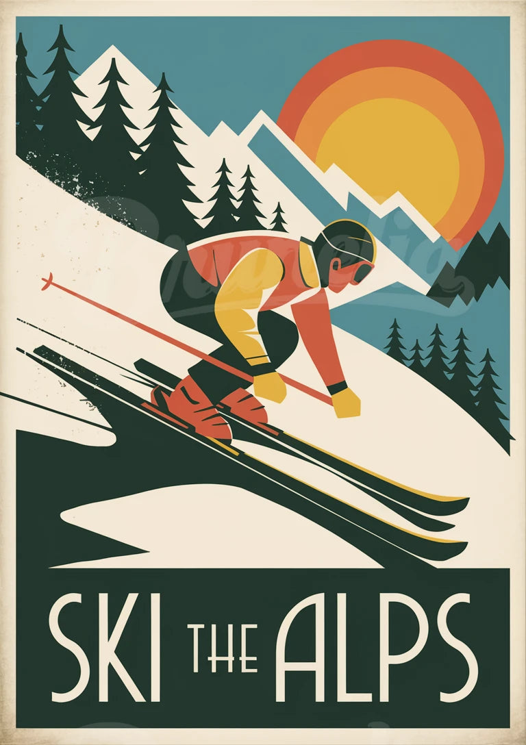 Affiche de ski en montagne style Art déco années 1930