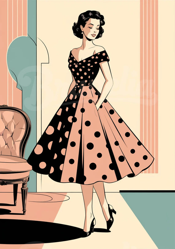 Affiche vintage femme en robe à pois