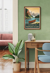 Affiche Canoe Lac Alpin Montagnes Enneigées Vintage