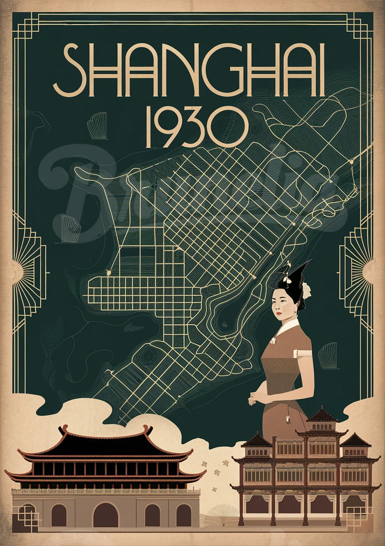 Affiche Shanghai 1930 style Art déco et architecture asiatique