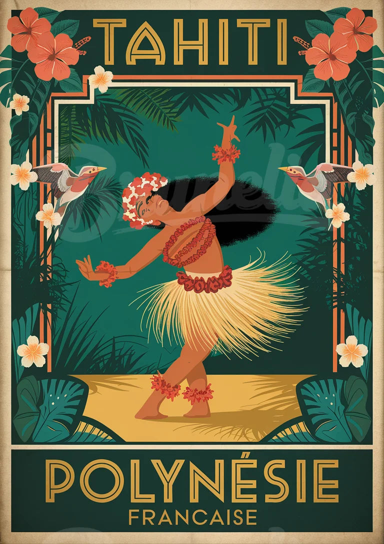 Affiche Polynésie française danseuse tahitienne Art déco
