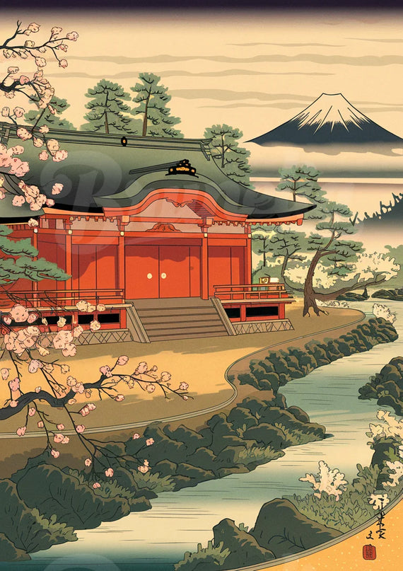 Affiche vintage architecture en bois japonaise