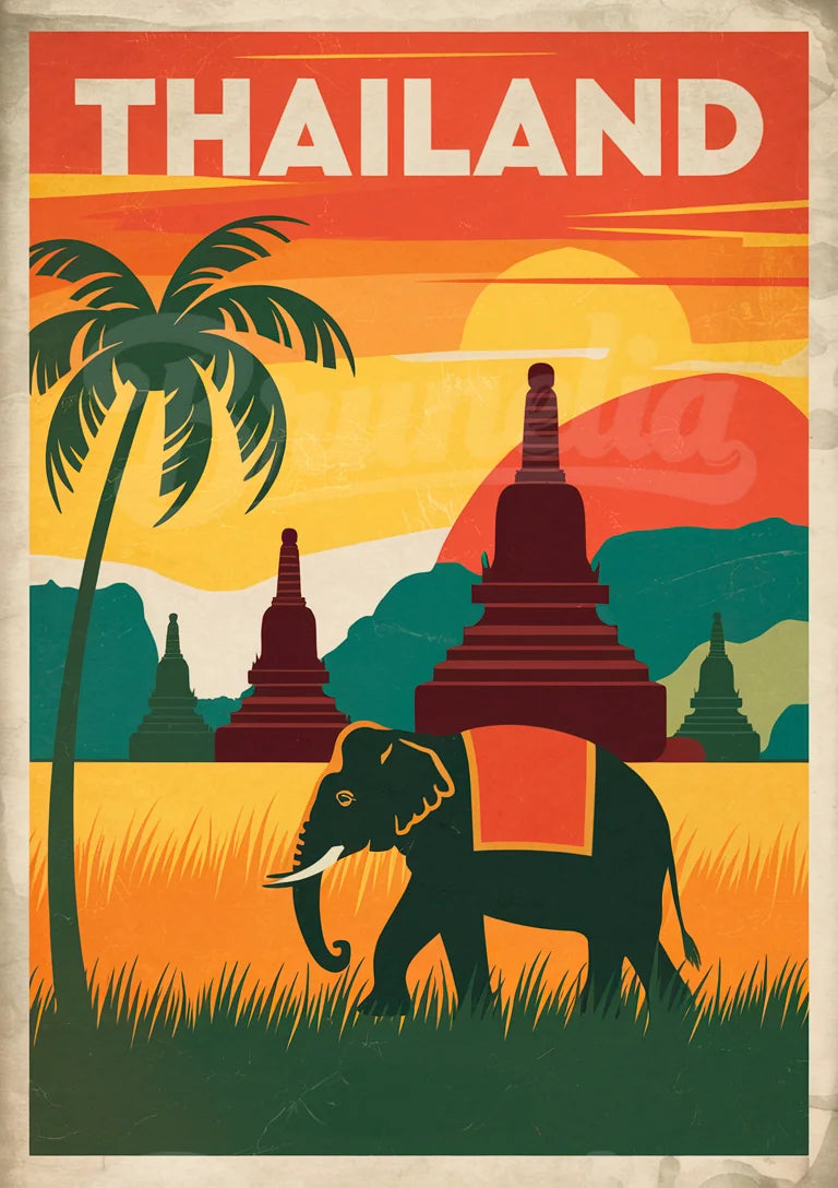 Affiche Thaïlande avec éléphant et pagodes dorées