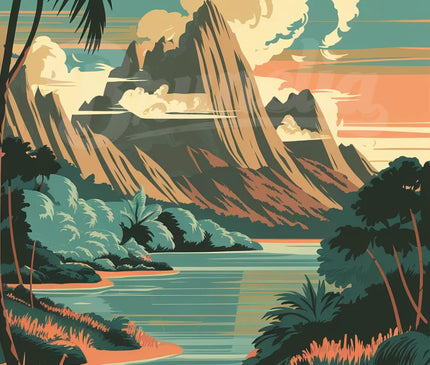 Affiche paysages montagneux Tahiti rétro