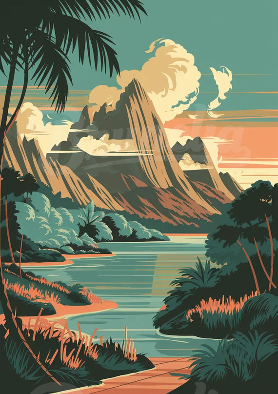 Affiche paysages montagneux Tahiti rétro