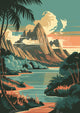 Affiche paysage tropical rocheux Art Déco