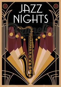 Affiche Nights décor Art Déco saxophone doré Jazz