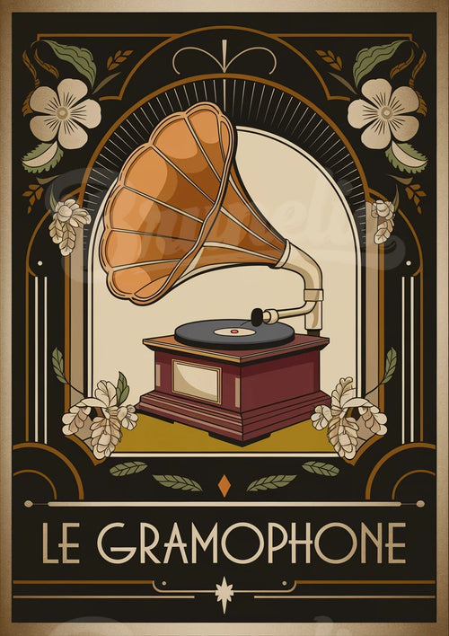 Affiche rétro Gramophone floral – Style art déco