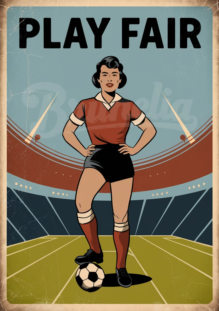Affiche femme footballeuse Play Fair vintage stade