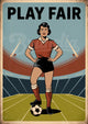 Affiche femme footballeuse Play Fair vintage stade